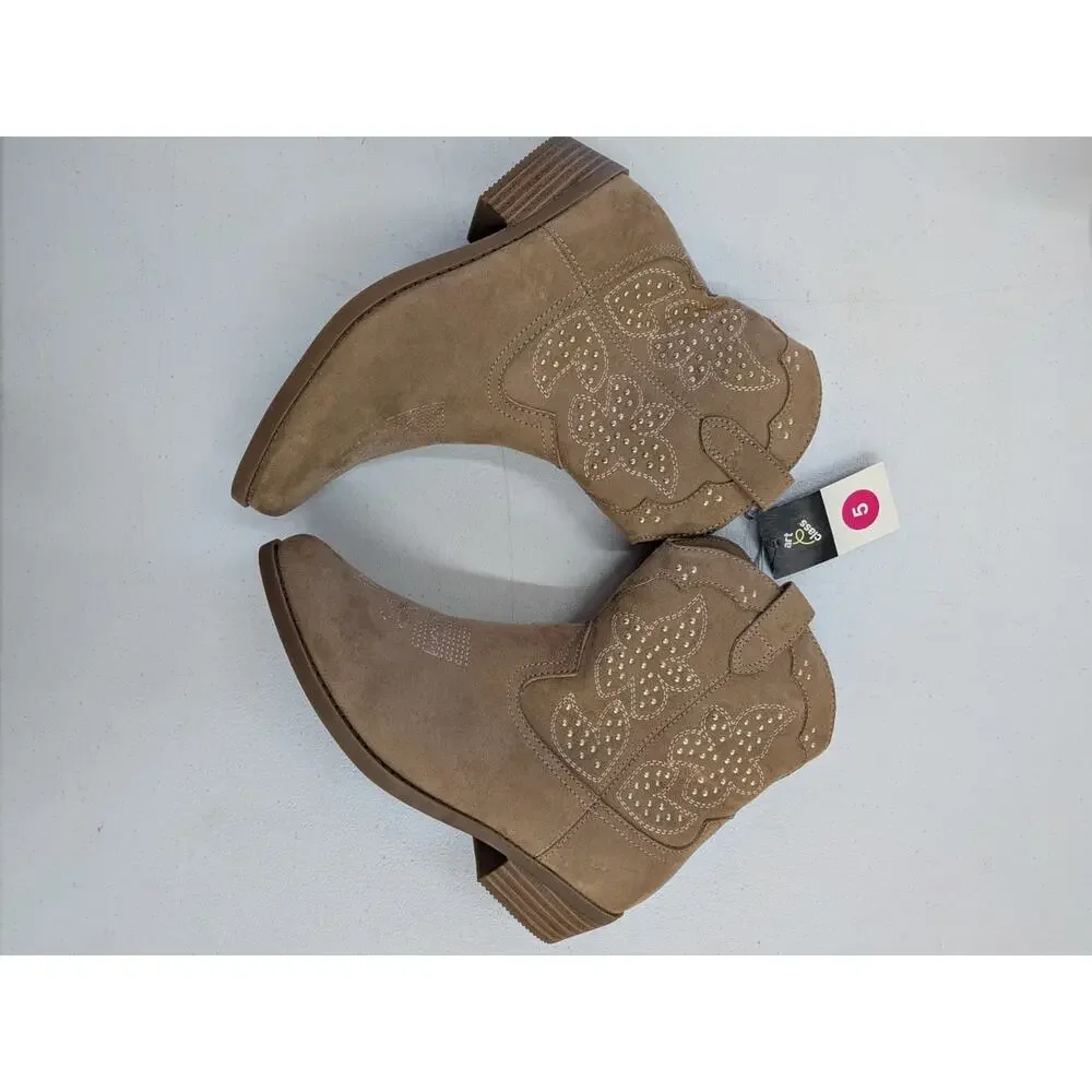 Class Club Girls Western Ankle Boots Tan Faux Suede Studded Booties Size 5